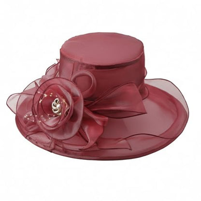 DRESHOW Women Organza Hat Church Cap Hats Clearance Kentucky Derby Cocktail Tea Party Wedding Flower Hat with Wide Brim - color: Flower Hat: Burgundy