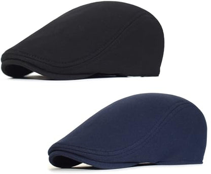 2 Pack Newsboy Cap for Men Women Flat Cap Beret Ivy Cabbie Hat - color: Black + Navy Blue