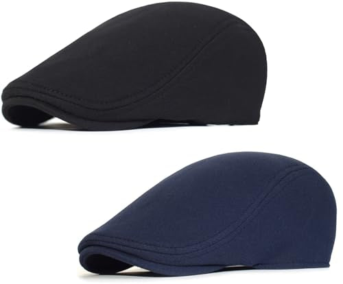2 Pack Newsboy Cap for Men Women Flat Cap Beret Ivy Cabbie Hat - color: Black + Navy Blue