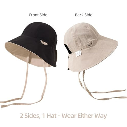 Reversible Women's Bucket Hat for Summer, Water-Resistant Ponytail Cap with Chin Strap, UV Shield Sun Hats - color: Black/Beige