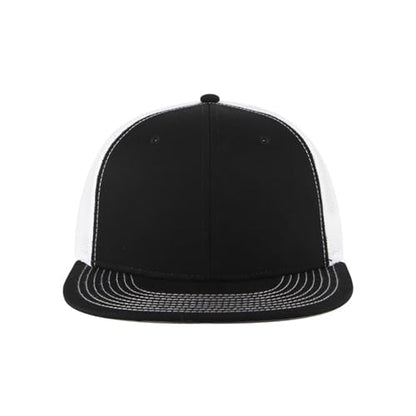 Ashen Fane 6 Panel Mid Profile Mesh Back Structured Trucker Adjustable Snapback Hat - color: Blk/Blk/Wht Ver.2