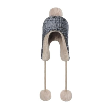 Women Winter Pompom Beanie Hat Fleece Lined Earflap Snow Ski Cap Sherpa Crochet Ushanka Skull Cap Outdoors Ear Cover - color: Gray