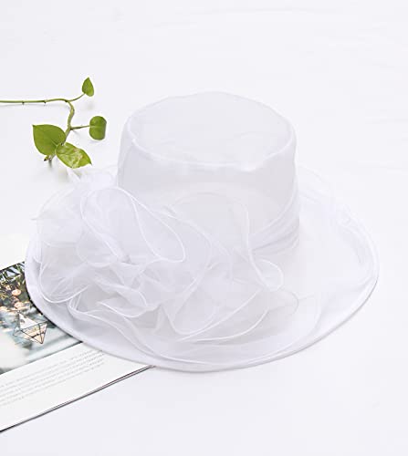 Women's Kentucky Derby Church Dress Hat Wide Brim Leaf Flower Bridal Shower Hat - color: G3 White