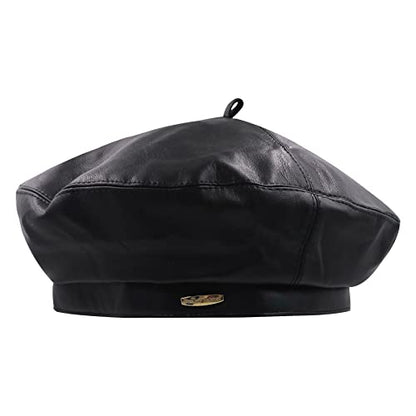 Women Classic PU Leather French Beret Beanie Hat Pumpkin Cap - color: Black 2#
