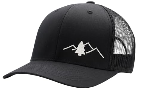 LINDO Trucker Hat [ Great Outdoors Design ] for Men and Women: Mid Profile Cap with Breathable Mesh Back and Adjustable Snap - color: Black