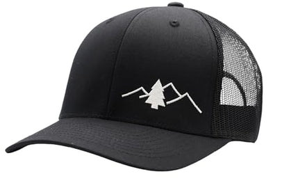 LINDO Trucker Hat [ Great Outdoors Design ] for Men and Women: Mid Profile Cap with Breathable Mesh Back and Adjustable Snap - color: Black