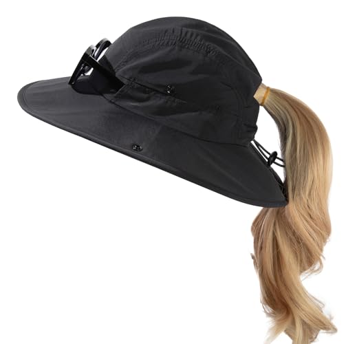 TOP-EX Ponytail UV Protection UPF50+ Wide Brim Breathable Waterproof Foldable Hiking Outdoors Sun Hats for Women - color: Te96560_ponytail Black, size: Large-X-Large