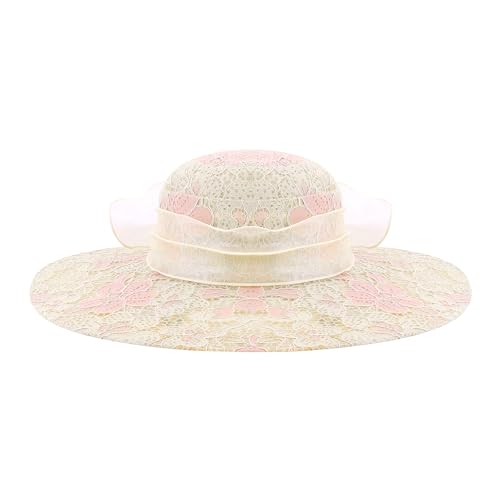 Haoohu Women's Church Derby Hat Wide Brim Bow Bucket Hat Wedding Dress Hat Fascinator Bridal Tea Party Hat - color: 03966beige