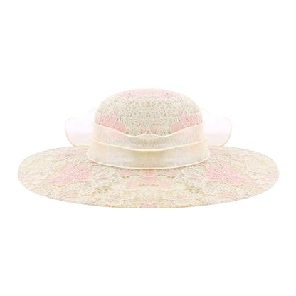 Haoohu Women's Church Derby Hat Wide Brim Bow Bucket Hat Wedding Dress Hat Fascinator Bridal Tea Party Hat - color: 03966beige