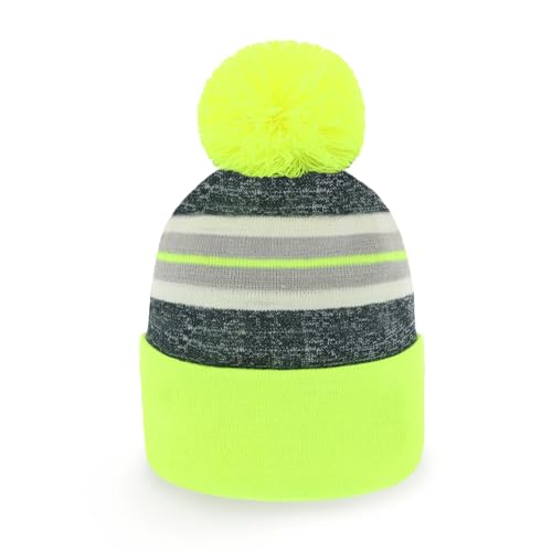 Pom Pom Beanie Cuffed Knit Winter Hat Skull Cap Striped Novelty Men Women - color: (Neon Yellow)