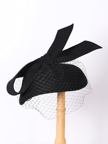 HIMESPORT Women Ladies Wool Felt Derby Fascinator Hats Wedding Bridal Tea Party Formal Femme Pillbox Hat with Veils Bow - color: Black
