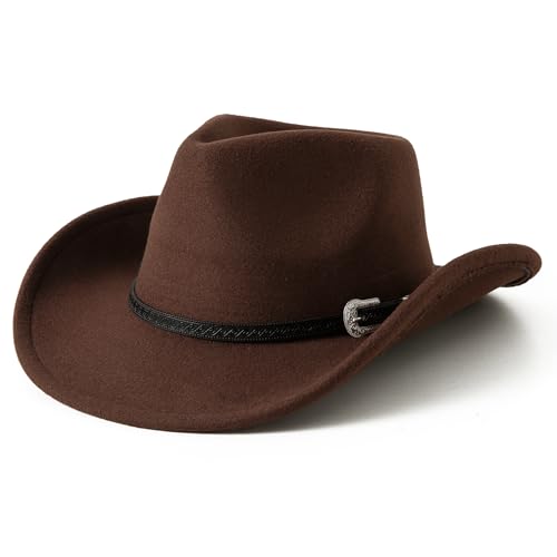 JOYEBUY Kids Western Cowboy Hat for Boys Girls Classic Fedora Hat Felt Cowboys Hats with Leather Buckle - color: Coffee