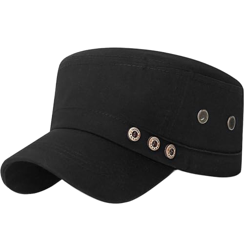 Unisex Cadet Army Cap Adjustable Flat Top Cap Washed Cotton Military Hat Baseball Cap - color: Black 3