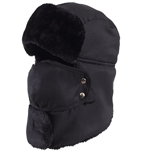 Tough Headwear Russian Trapper Hat – Water-Resistant Ushanka for Men & Women with Chin Strap & Ear Flaps - color: Full Black