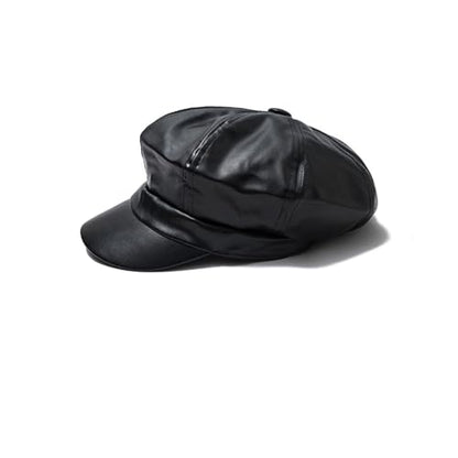 Women Newsboy Hats,8 Panel Ivy Beret PU Leather Cabbie Cap - color: Black