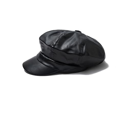 Women Newsboy Hats,8 Panel Ivy Beret PU Leather Cabbie Cap - color: Black