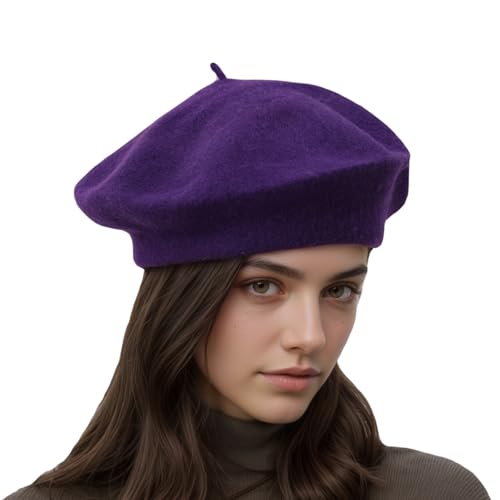 French Beret Hats for Women - Classic Wool Beret Hats Soft Knit Winter Cloche for Daily Outfits - color: Purple