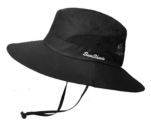 Womens Sun-Hat Outdoor Protection Foldable Beach-Bucket-Hat Ponytail-Hole - color: Black