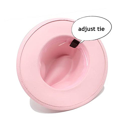 Lady Wide Brim Felt Fedora Panama Hat with Ring Belt - color: Pink, size: Medium