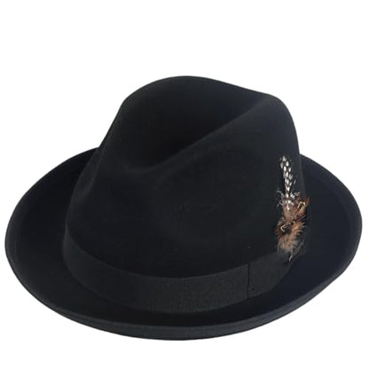 Men's Wool Fedora Hats Women Felt Trilby Derby Hat with Feather - color: Black, size: X-Large