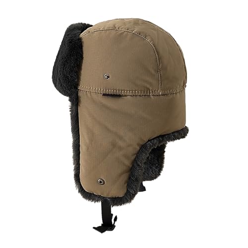 PURFUN Mens Teens Windproof Ushanka Russian Hat Winter Faux Fur Liner Full Hood Earflap Hat Cycling Ski Hunting Trapper Hat - color: Khaki