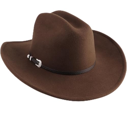 AQOKKA Western Cowboy Hats for Women Classic Felt Wide Brim Fedora Hat with Belt Buckle Retro Panama Hat Unisex Rolled up Cap - color: 1 Pc Fedora Hat A: Coffee
