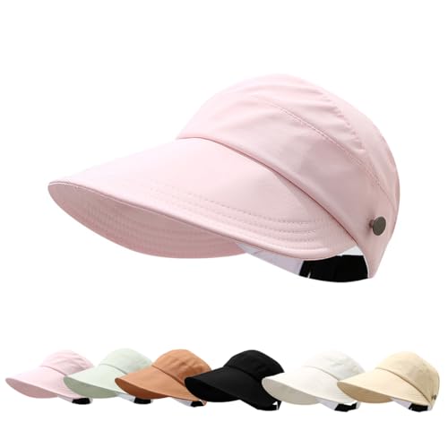 Sun Visor Hats for Women Summer UV Protection Adjustable Foldable Wide Brim Empty Top Cap for Outdoor Beach - color: Pink