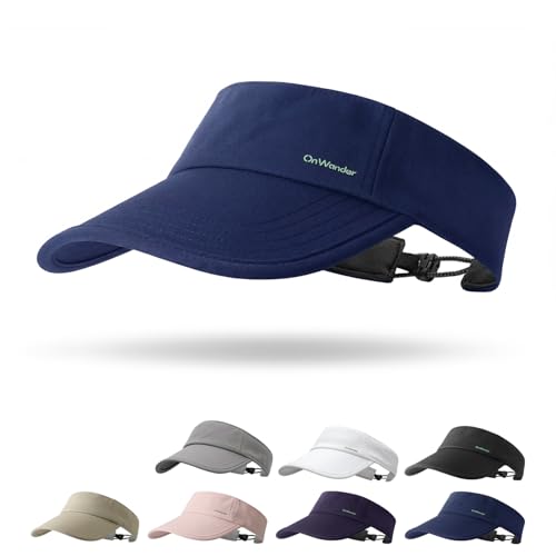 Sun Visor Hats for Women Men - Wide Brim Quick Dry Adjustable Hat - color: Navy Blue