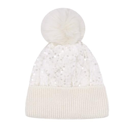 Women Sparkly Sequins Knitted Beanie Hat Warm Winter Skull Cap with Faux Fur Pom Pom - color: X Ceamy White With Knit Cuffs