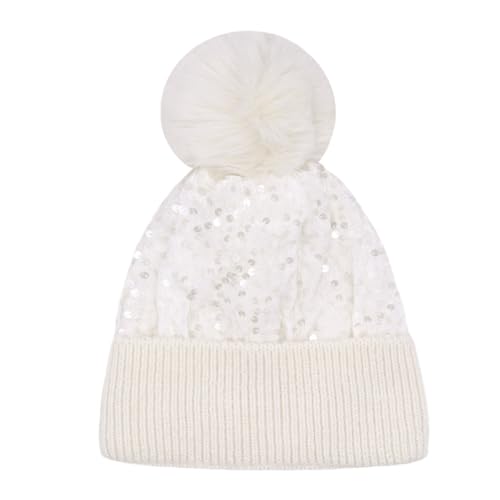 Women Sparkly Sequins Knitted Beanie Hat Warm Winter Skull Cap with Faux Fur Pom Pom - color: X Ceamy White With Knit Cuffs