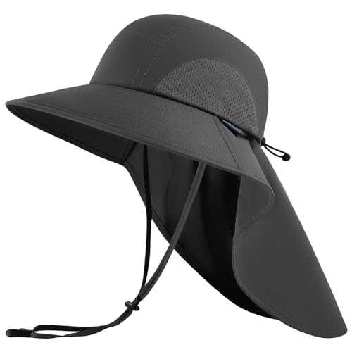 UPF 50+ Foldable Sun Hats Wide Brim with Large Neck Flap for Men Women UV Protection Gardening Fishing Beach Hat - color: Dark Grey