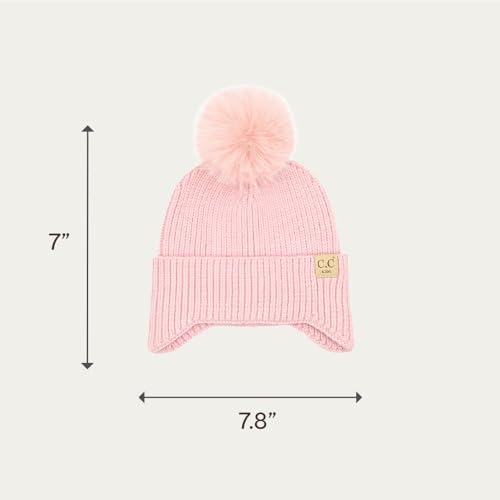 C.C Kids Ear Flap Fur Pom Beanie for Boys Girls - Comfortable Soft Warm Children Youth Knit Skully Hat with Faux Fur Pom - color: Pink
