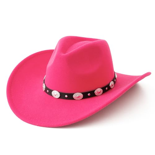 Lanzom Women Men Felt Wide Brim Western Cowboy Hats Belt Buckle Panama Hat - color: Rose, size: Large-X-Large