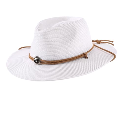 Home Prefer UPF50+ Men's Wide Brim Straw Fedora Sun Hat with Badge Lanyard - color: Ivory