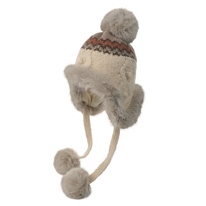 Women Winter Warm Knit Beanie Earflap Hat with Pompom Plush Lined Russian Ushanka Trapper Hat Thermal Windproof Ski Snow Cap - color: Beige