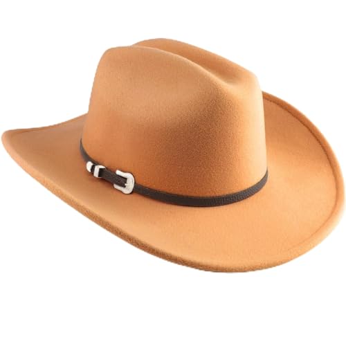 AQOKKA Western Cowboy Hats for Women Classic Felt Wide Brim Fedora Hat with Belt Buckle Retro Panama Hat Unisex Rolled up Cap - color: 1 Pc Fedora Hat A: Camel