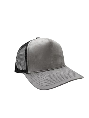 Ashen Fane Faux Suede Polyester Blend 5 Panel Classic Flat or Round Visor Adjustable Snapback Mesh Back Trucker Hat - color: Round - Grey