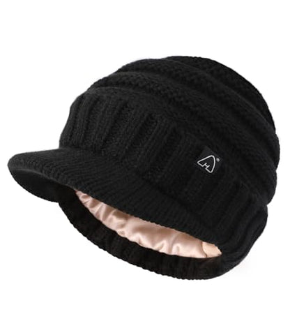 Hat Hut Beanie Hats for Women Men Satin Lined Winter Hats for Women Slouchy Beanies Satin Lined Beanie with Brim Visor - color: Black