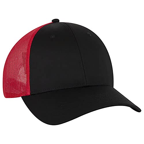 Ashen Fane 6 Panel Blend Twill Structured Low Profile Mesh Back Snapback Trucker Hat - color: Blk/Blk/Red