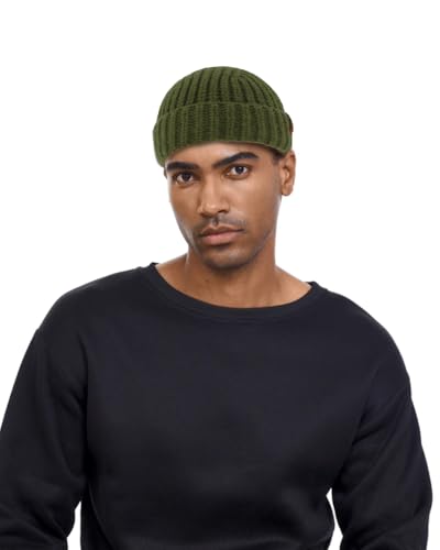 Chunky Wool Fisherman Short Beanie Hats Skull Cap for Men, Mens Thick Skater Streetwear Fishermans Beanie Daily Hat - color: Olive