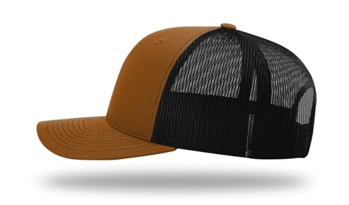 Richardson 112 Trucker Hat - Premium Blank Baseball Cap, Adjustable Snapback Hat - Structured Six Panel Richardson Blank Hats - color: Caramel/Black