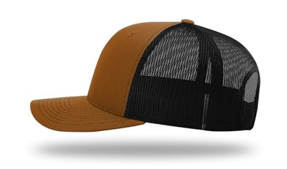 Richardson 112 Trucker Hat - Premium Blank Baseball Cap, Adjustable Snapback Hat - Structured Six Panel Richardson Blank Hats - color: Caramel/Black