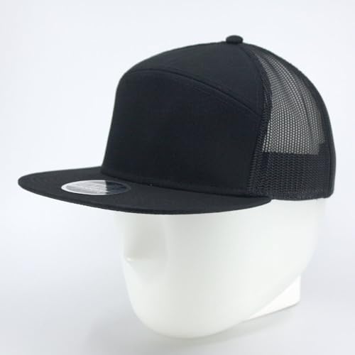 Plain Cotton Twill Flat Brim Mesh Adjustable Snapback Trucker Baseball Cap - color: 7 Panel Black