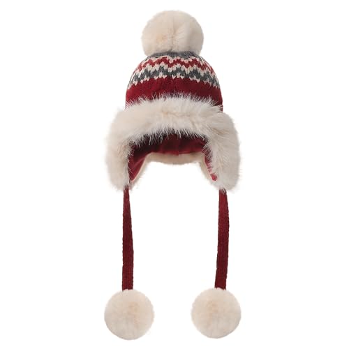 Women Winter Warm Knit Beanie Earflap Hat with Pompom Plush Lined Russian Ushanka Trapper Hat Thermal Windproof Ski Snow Cap - color: Red