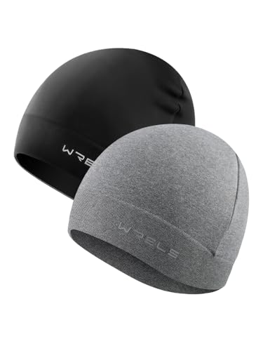 WRELS Winter hat Running Skull Cap Breathable Helmet Liner Cycling Beanie Sweat Wicking Hockey Head Caps for Men Women - color: Black+grey