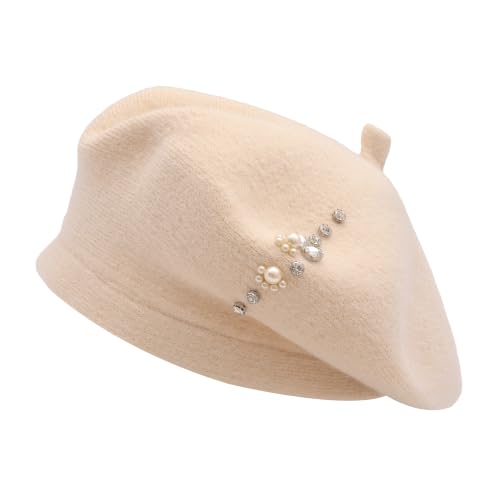 ZLYC Women French Beret Hat Winter Knitted Stretchable Beret Artist Cap - color: Rhinestone Beige