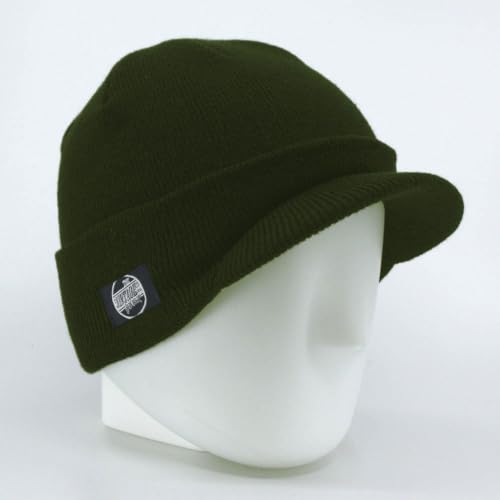The Vintage Year Visor Beanie Billed Knit Radar Cuff Skull Cap Sports Outdoor Winter Stretch Acrylic One Size Men Women - color: Olive Green the Vintage Year
