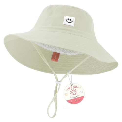 Kids Sun Hat Smile Face Bucket Hat Toddler Hat Wide Brim Adjustable Strap - color: Beige, size: 3-8T