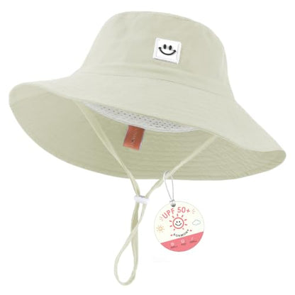 Kids Sun Hat Smile Face Bucket Hat Toddler Hat Wide Brim Adjustable Strap - color: Beige, size: 3-8T