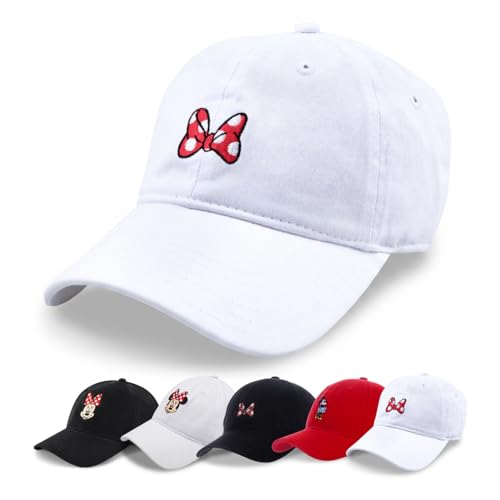 Disney Minnie Mouse Dad Hat, Cotton Adjustable Baseball Cap with Curved Brim - color: White/Red Bow